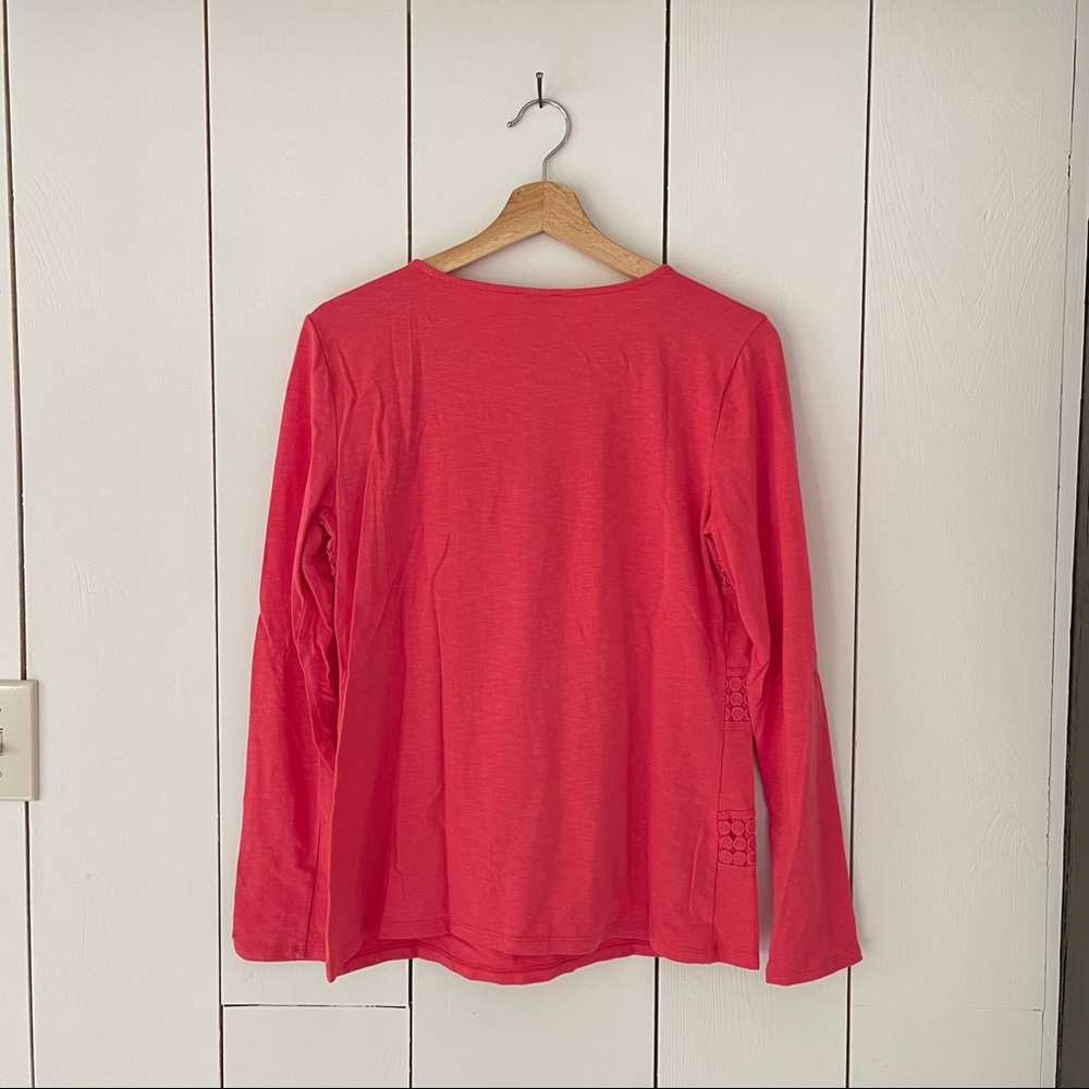 Talbots Long Sleeve Top Sz S Coral Red Crochet Stripe Detail - Picture 2 of 5